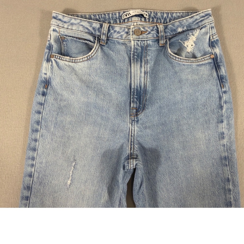 Zara Women High Rise Straight Leg Jean Light Wash Distressed split Side Slit 6